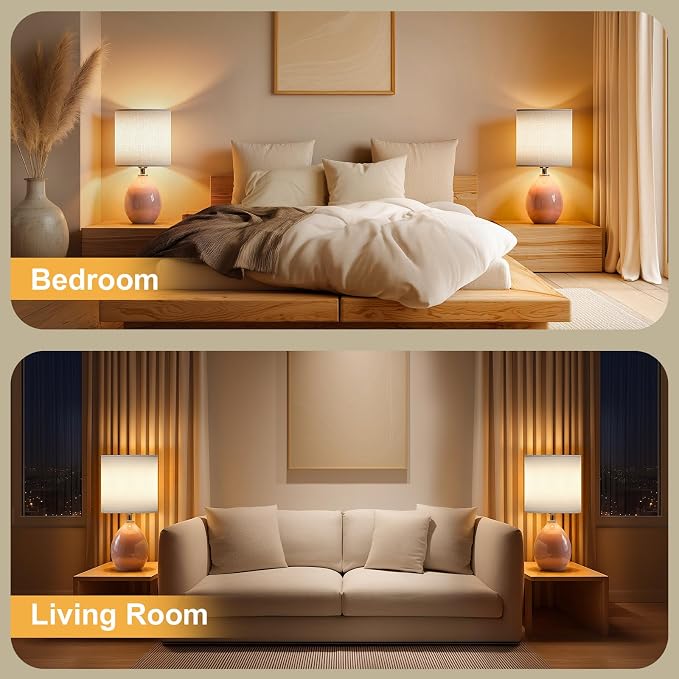 Dawnwake 18.5" Table Lamps Set of 2 for Living Room Bedroom, Bedside Lamps for Night Stands, Desk Nightstand Lamp Dimmable, Modern Linen Ceramic Lamps，Pink