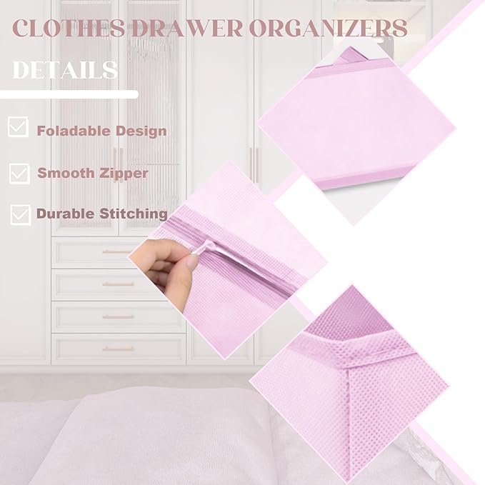 Drawer Organizer Clothes 12 Pack Clothes Organizer Dresser Drawer Organizers for Socks Underwears Bras Foldable Closet Organizers and Storage Fabric Storage Dividers for Nursery Bedroom, Pink