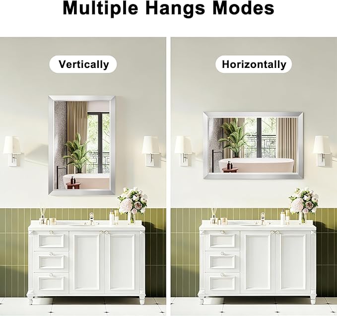 Bathroom Mirror for Over Sink,24x36Inch Silver Thick Anti-Rust Metal Frame, Rectangle Decorative Wall Mirror with HD Tempered Glass, Horizontal or Vertical Mount for Vanity, Bathroom,Living Room