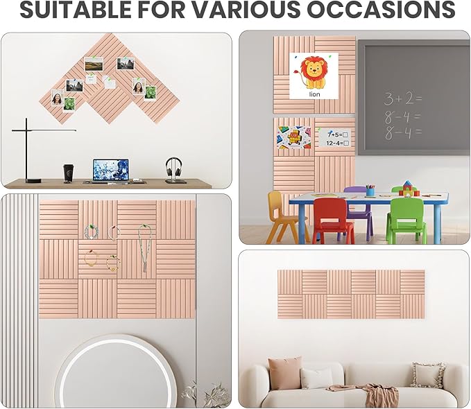 Large Cork Board Alternative 48” X 36” Felt Bulletin Board Tiles, with 30 Pushpins, 60 Adhesive Tabs,12-Pack Slat Wall Paneling, Cork Boards for Office Push Pin Board Felt Board - Pink