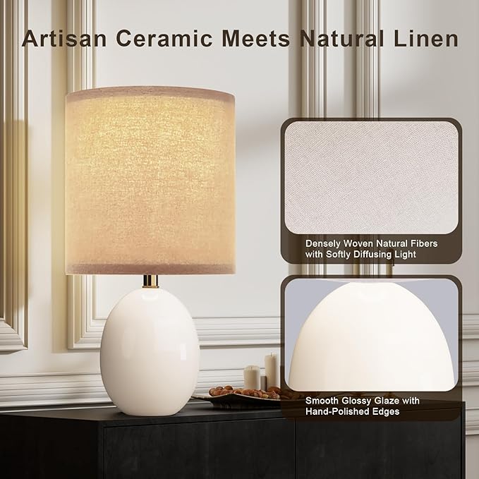 Dawnwake 17.3" Table Lamp Set of 2 for Living Room Bedroom, Bedside Lamps for Night Stands, Desk Nightstand Lamp Dimmable, Modern Linen Cream Ceramic Lamps (White-B)