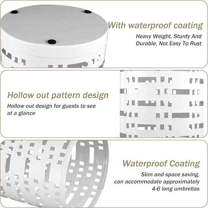 Umbrella Stand Rack, Free Standing Round Metal Umbrella Holder, Walking Sticks Umbrella Bins Waterproof Umbrella Storage Rack 16.5 x 6 inch Hollow Umbrella Storage Bucket for Indoor Home Office(white)