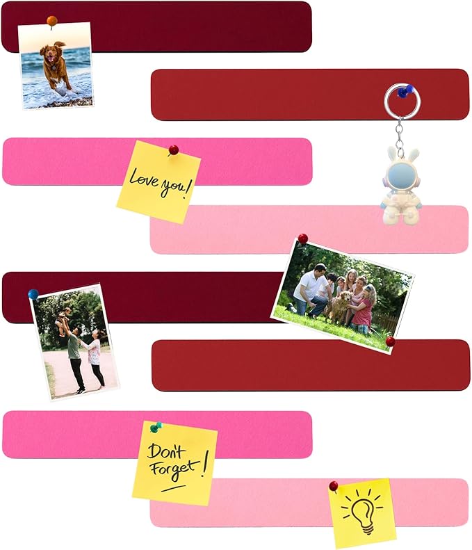 8Pcs Rectangle Felt Cork Board Bar Strips with 35 Pushpins, Self-Adhesive Bulletin Board Strips for Office School Home Wall Decor Stickers Memos Schedules Photos Display -Gradual Red