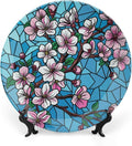 Stained Glass Theme Decorative Ceramic Plate Round Porcelain Plate,7 inch,Cherry Tree Pattern,for Decorative Ornaments Giving Plates, 1 Plate with 1 Display Stand,Blue Pink