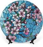 Stained Glass Theme Decorative Ceramic Plate Round Porcelain Plate,7 inch,Cherry Tree Pattern,for Decorative Ornaments Giving Plates, 1 Plate with 1 Display Stand,Blue Pink