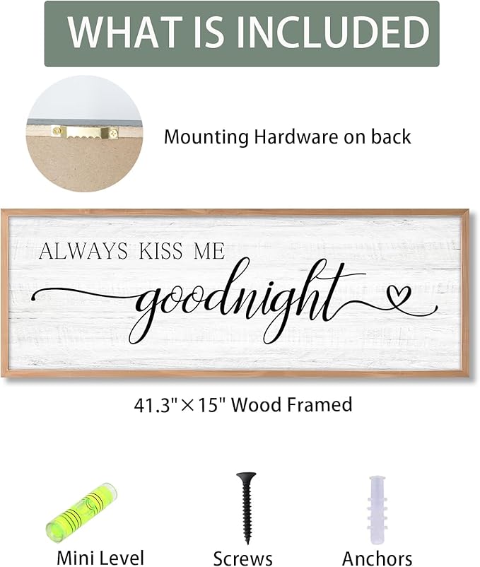Always Kiss Me Goodnight Wall Sign Above Bed 41.3''×15'' Large Farmhouse Wall Decor for Bedroom Couples Room Decor Framed Wood Wall Art Rustic Master Bedroom Wall Decoration (brown frame)