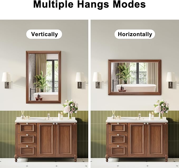 Bathroom Mirror for Over Sink,22x30Inch Thick Anti-Rust Wood Grain Metal Frame, Rectangle Decorative Wall Mirror with HD Tempered Glass, Horizontal or Vertical Mount for Vanity, Bathroom,Living Room