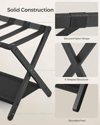 SONGMICS Luggage Rack, Folding Suitcase Stand with Storage Shelf, for Guest Room, Hotel, Bedroom, Heavy-Duty, Holds up to 131 lb, Classic Black URLR007B01