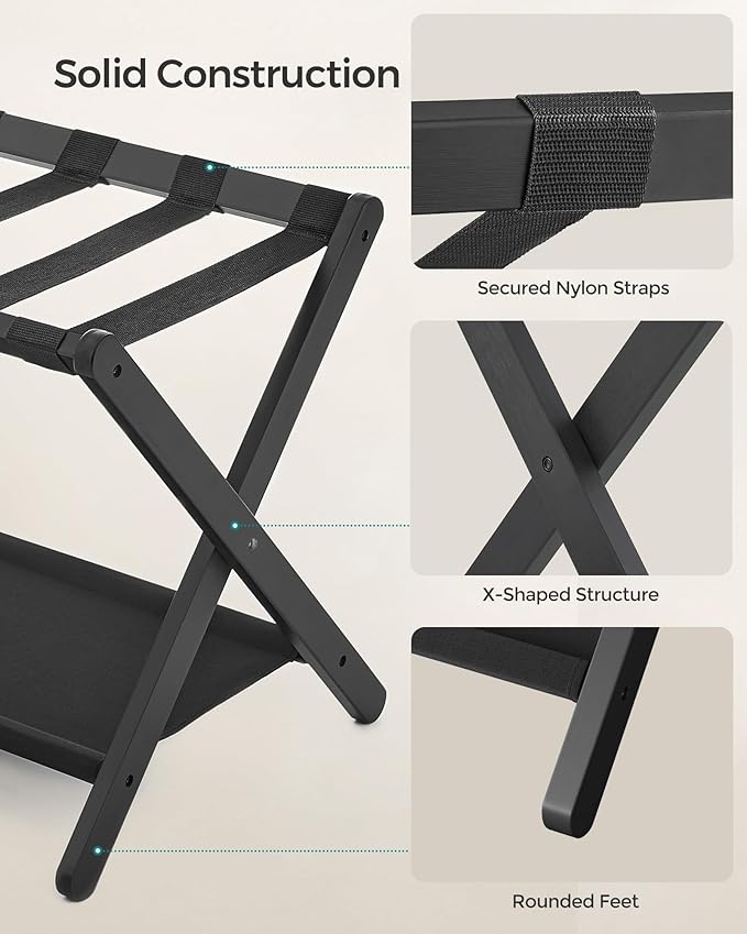 SONGMICS Luggage Rack, Folding Suitcase Stand with Storage Shelf, for Guest Room, Hotel, Bedroom, Heavy-Duty, Holds up to 131 lb, Classic Black URLR007B01