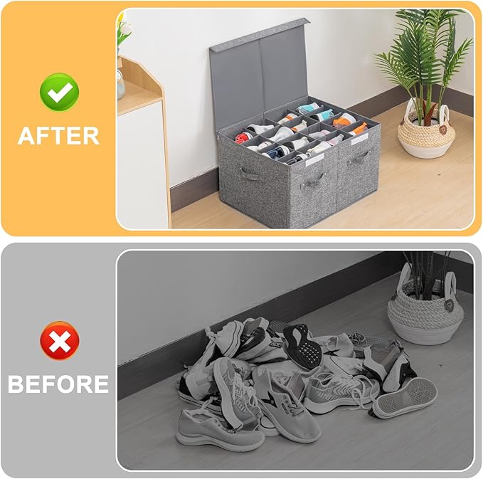 2 Pack Shoe Storage Box Fits 32 Pairs, Large Shoe Organizer with Lid and Adjustable Dividers for Closet, Shoes, Sneakers and High Heeled, Foldable and Stackable (Grey)