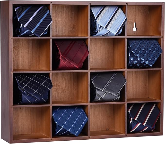 Wall Mounted Tie Rack - 16 Compartment Tie Organizer with Display Racks for Bedroom & Wardrobe