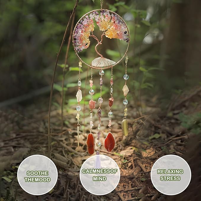 Agate Moon Dream Catchers with Crystal Color Gemstone Dream Catchers Natural Tree of Life Gem Agate Wall Hangings Room Garden Dreamcatchers Decor (Color)