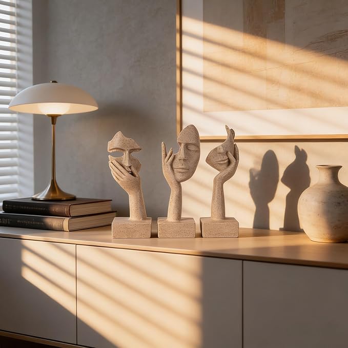 olirum 3 Pcs Thinker Large Statue Set - Resin Sandstone Art Abstract Home Accent Figurines for Living Room, Bedroom, Shelves, Office Desktop, Coffee Table Decor, Gift for Women (3 Pcs Sandstone, 9")