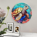 Decorative Plates for Wall Hanging, Sea Turtle Stained Glass Print Ceramic Plate w/Display Stand, Home Decor for Kitchen Cabinets, Farmhouse Round Tray 8 Inch, Gift for Turtle Lovers