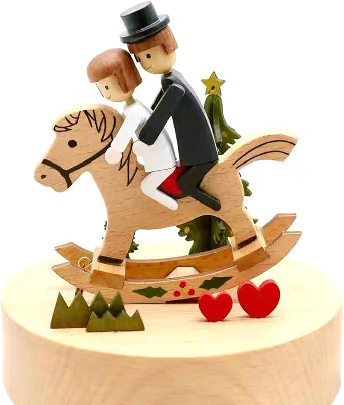 Natural Solid Wood Handcrafted Beech Wooden, Musical FigureTotoro/Carousel/Fairy/Ballerina Figurine,Rotating Hand Crank Mechanism Music Box,Musical Decorations (Lover Riding a wodden Horse)