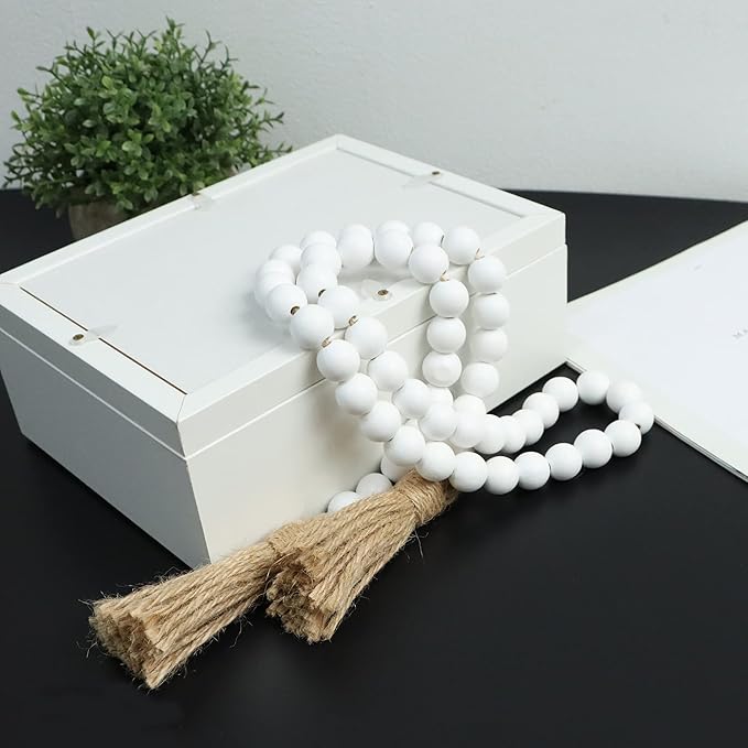 Meplait 39in Wood Bead Garland Farmhouse with Tassels,Versatile Prayer Beads Boho Chic Wall Hanging Home Decor (White)