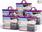 5PACK Clear Zippered Storage Bags for Clothes, 22L Closet Organizers Bag, and Blanket Storage Bags for Bedding, Linen, Blankets, Comforters, Clothing & Toys (Purple)