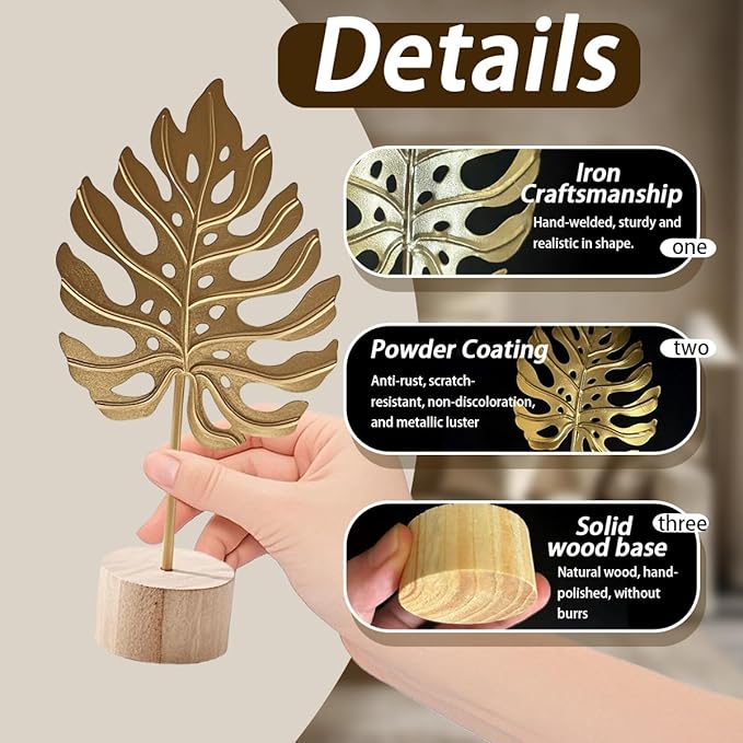 Gold Leaf Home Decor Set - Metal Leaves Statues, Modern Artistic Sculptures for Living Room, Office, Shelf & Home Decorative, Handmade 3D Botanical Accents (Monstera, Ginkgo, Snowflake, 3PCS)