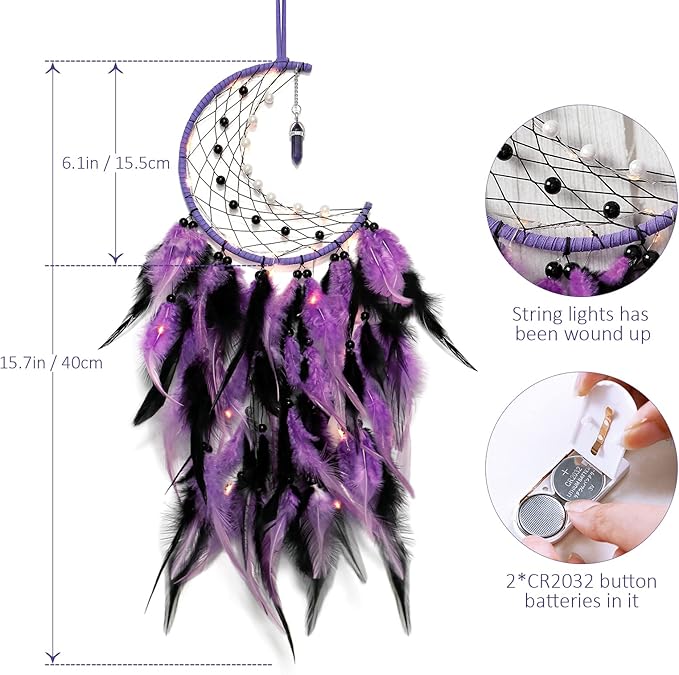 Dremisland Moon Dream Catcher with Fairy Lights-Handmade Colorful Feather Lucky Turquoise Pendant Beads Wall Hanging Ornament for Kids Bedroom Home Decoration,Art Craft Gift. (Purple&Black)