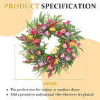 Spring Summer Wreaths for Front Door,22 Inch Artificial Tulip Wreath with Wildflowers,Eucalyptus Leaves for Indoor Outdoor Wall Porch Festival Farmhouse Home Holiday Decor.