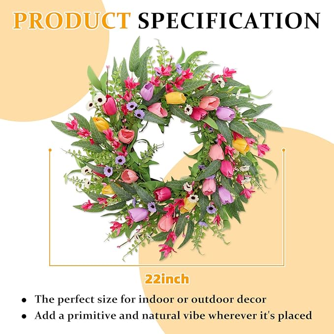 Spring Summer Wreaths for Front Door,22 Inch Artificial Tulip Wreath with Wildflowers,Eucalyptus Leaves for Indoor Outdoor Wall Porch Festival Farmhouse Home Holiday Decor.