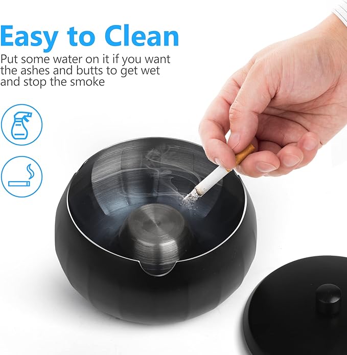 Ashtray for Cigarette JSVER Stainless Steel Ashtray, Smokeless Odorless Ash Tray with Lids, Tabletop Ashtrays For Home Office Outdoor Balcony (Black)