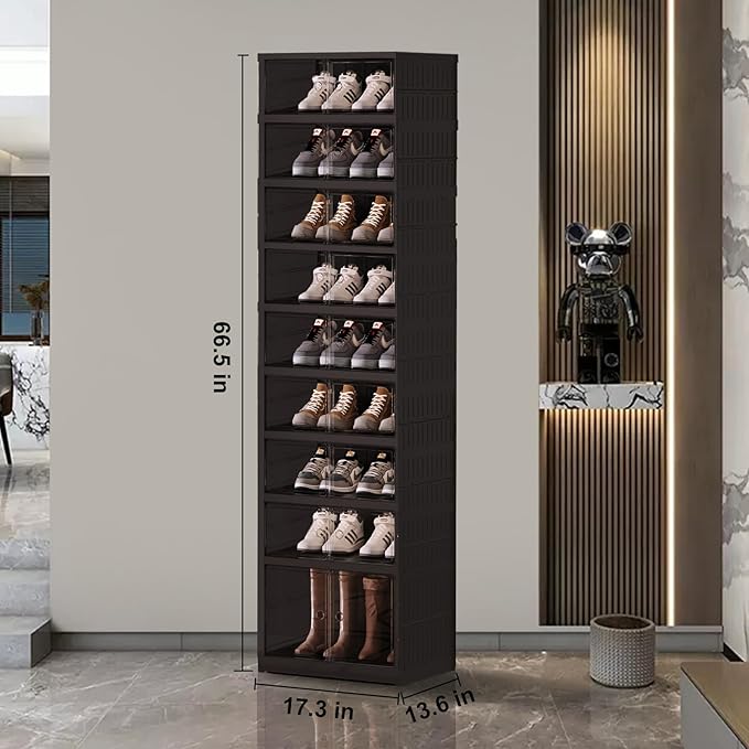 Shoe Rack Organizer for Closet Entryway Foldable Sneaker Storage Shoe, Collapsible Shoe Cabinet, Stackable Shoe Storage Cabinet with Lids for Living Room (9 Tiers -18 Pairs Black)