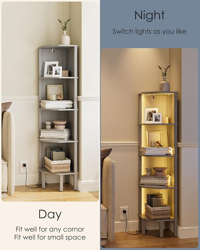 Corner Shelf Stand, 5 Tier Corner Bookshelf,Corner Furniture for Bedroom Display Corner Shelf for Small Space,Wood Shelves with Storage Rack for Living Room,Office,Gray