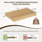 Acovy 16 Inch Floating Shelves, 3D Textured Wood Grain, 16"x9.25"x1.5" Inch Deep Floating Shelves for Wall, Wooden Shelves for Bathroom, Bedroom, Living Room, Natural, 2 Pieces