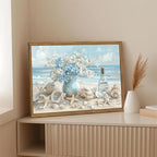 Framed Beach Canvas Wall Art, Blue Coastal Pictures Wall Decor Paintings, Ocean with White Floral Shell Poster Prints, Modern Seascape Artwork Home Decor for Living Room Bathroom 16x24 inch