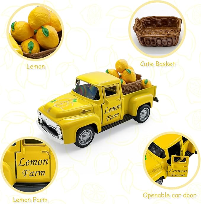 Lemon Truck Decor, Farmhouse Yellow Pickup Truck with Lemons, Tiered Tray Tabletop Decoration, Summer Lemon Kitchen Shelf Decor, Rustic Vintage Home Accent