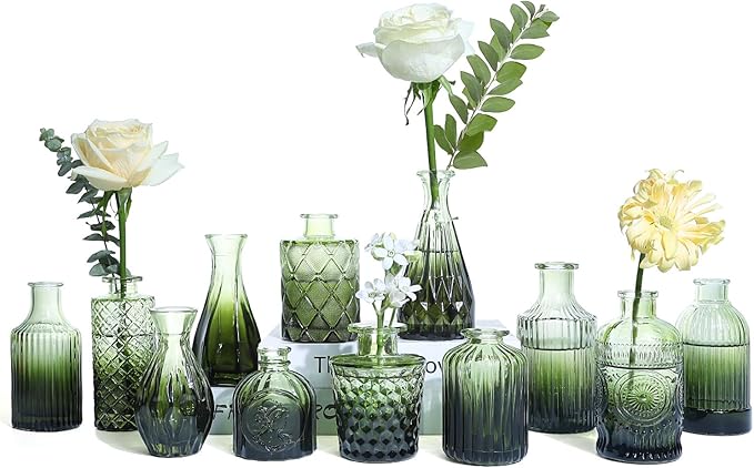 Green Glass Bud Vases Set of 12, Mini Flower Vase for Centerpieces, Small Glass Vases in Bulk for Wedding Decorations, Vintage Vase for Bridal Shower, Party, Recepetion, Home Table Décor