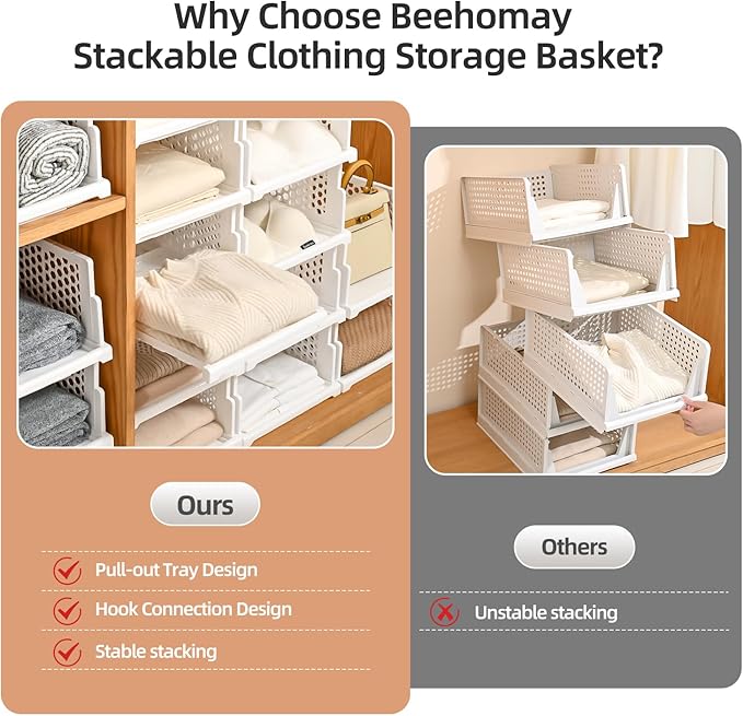 Pull-out Plastic Storage Basket,Stackable Closet Organizers Drawer Anti-Tipping, Reinforced Stable Shelf Container for Bathroom Laundry Room Storage, Space-Saving Clothes Storage (White, 5L)