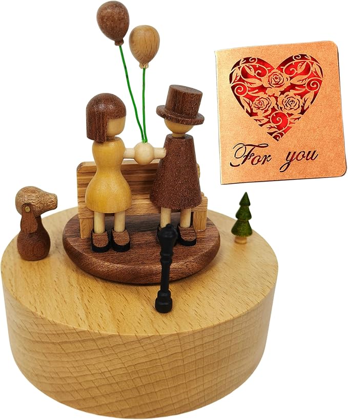 Briskfeel Wooden Music Box with Rotating Couple Holding Balloons - Plays Canon in D Mechanical Musical Box - Gift for Birthday, Valentine's Day, Wedding, Anniversary, Home Décor (Prospect)