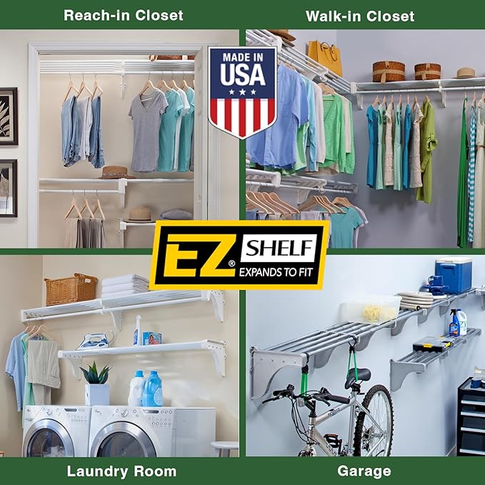EZ Shelf - Expandable Closet Shelf with Hanging Rod - 41.5" to 74" Closet Shelves Expand - 200 lb Capacity, White - Quick Install Wire Closet Shelving Alternative - Between 1 Side Wall and Back Wall