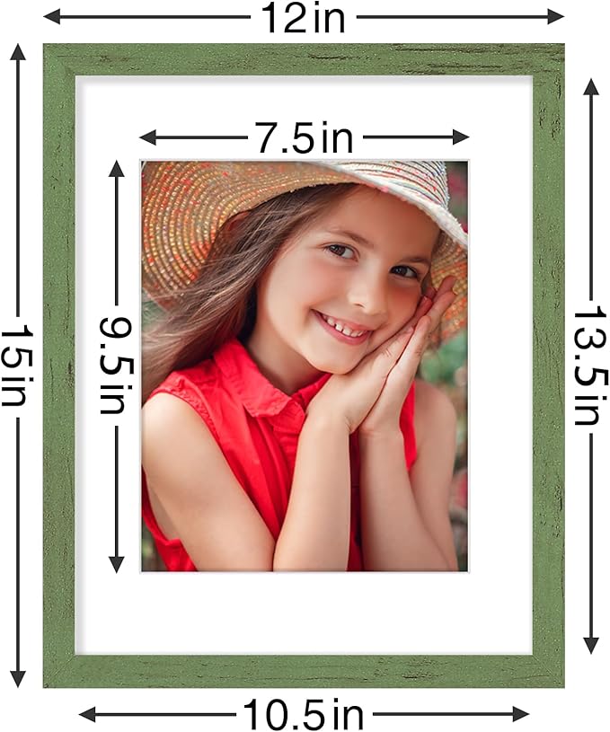 Vittanly 11x14 Picture Frames Set of 9, Shatter Resistant Plexiglass, Display 8x10 Pictures with Mat or 11x14 without Mat, Photo Frames for Wall or Tabletop, Engineered Wood, Rustic Green