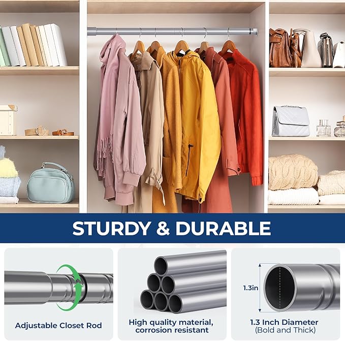 Mavivegue Closet Rod, 17 to 57 Inch Adjustable Closet Rods for Hanging Clothes, Silver Hanging Rod for Closet Wardrobes Laundry RV, Bathroom