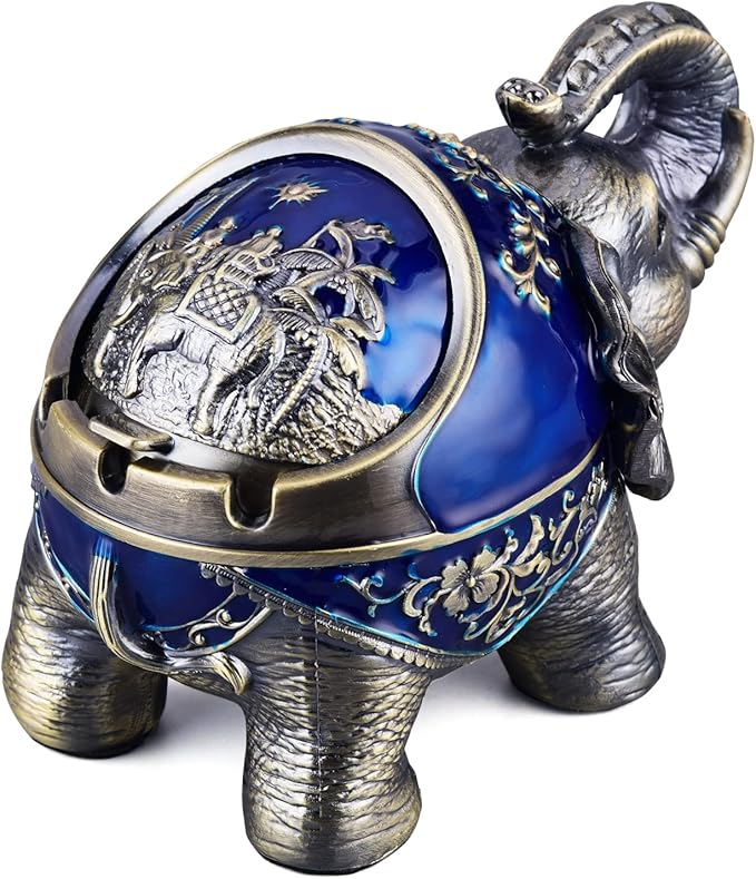 LAUYOO Metal Elephant Ashtray with Lid Windproof Ashtray Outdoor, Indoor Ash Tray for Weed, Vintage Practical Decoration Ashtrays for Cigarettes Great Gift for Men Women(NavyBlue)