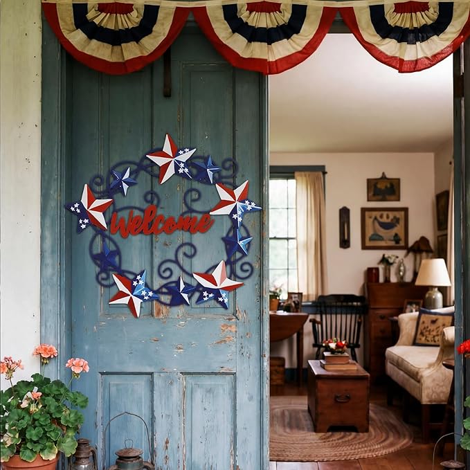 MorningRo Metal Patriotic Wreaths for Front Door Red White Blue Star 4th of July Wreaths American Flag Hanging Vintage Rustic Independence Day Welcome Sign for Porch Wall Home Outdoor, 13 Inch