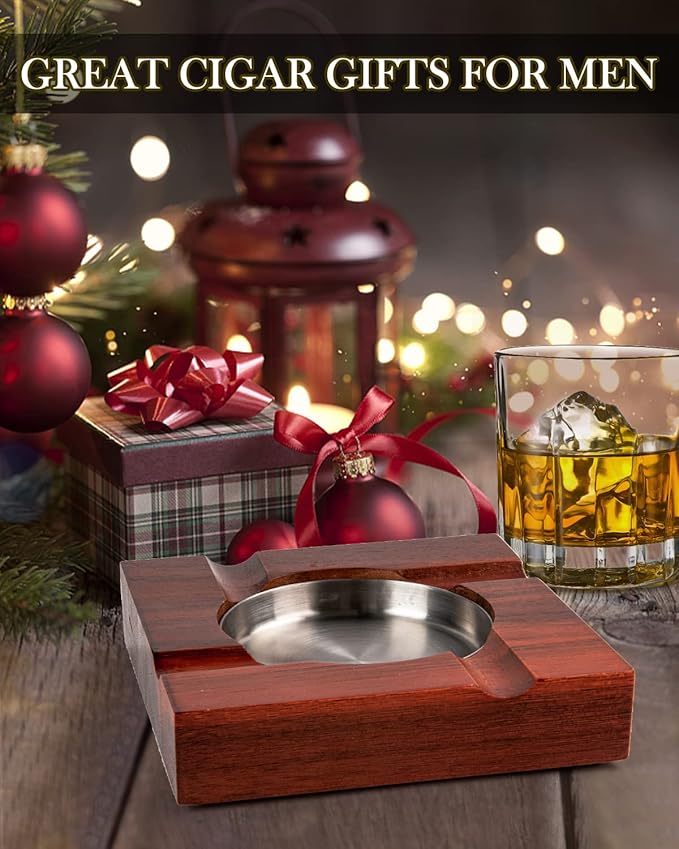 Wood Cigar Ashtray Cigarettes Ashtrays for Indoor Outdoor Patio Home Office Use Square Wooden Brown Cigar Ash Tray Gifts for Men with GIFT BOX (Classic)