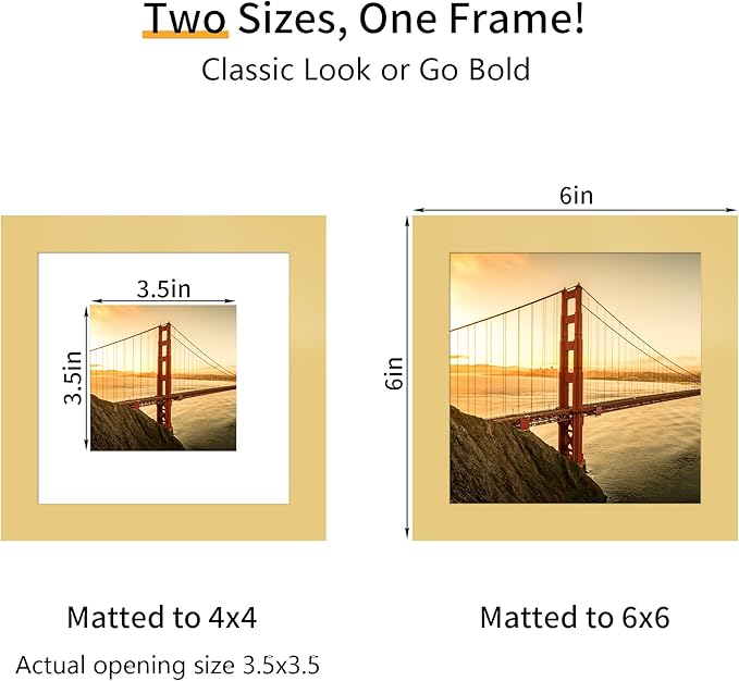 6x6 Picture Frame 3 Pack - Gold Poster Frame Display Pictures 4x4 with Mat or 6 x 6 Without Mat for Wall Hanging Horizontal and Vertical