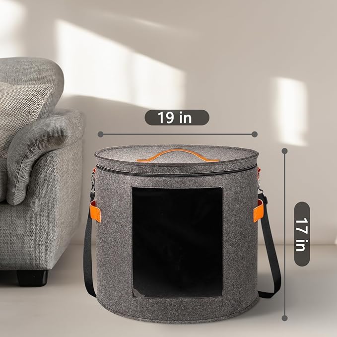 Oversized Hat Storage Box for Women & Men，19" D x 17" H Cowboy Hat Boxes with 1 Wood Hook Felt travel Round Hat Organizer Box with Dustproof Lid (Gray)