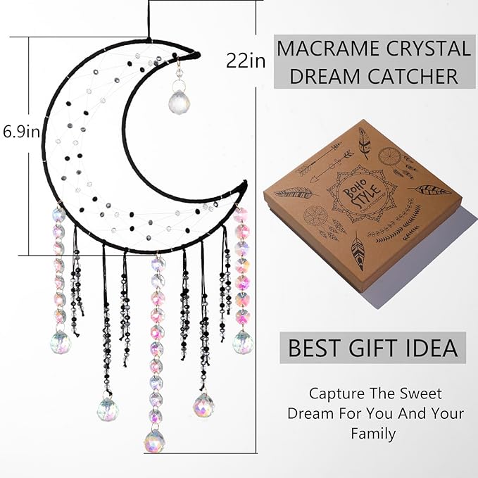 Artilady Crystal Dream Catchers Crystals - Large Black Boho Moon Dream Catcher Wall Decor House Decorations for Home Bedroom Room Decor Christmas Birthday Gifts for Girls Kids Adults