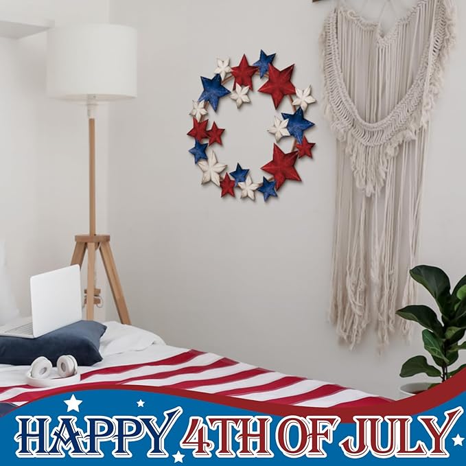MorningRo Metal Patriotic Wreaths for Front Door 250th Anniversary Red White Blue Star 4th of July Wreaths Independence Day Hanging Vintage Rustic Independence Day Welcome Sign for Porch Wall Home