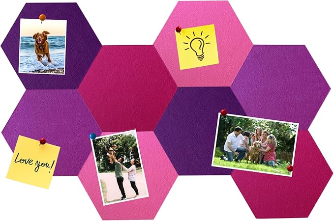 8Pcs Hexagon Felt Cork Board Tiles, Self Adhesive DIY Bulletin Board Pin Board for Office School Home Wall Decor Stickers Memos Photos Display (Gradual Purple)