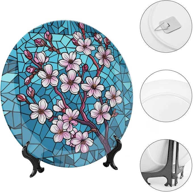 Stained Glass Theme Decorative Ceramic Plate Round Porcelain Plate,8 inch,Cherry Tree Pattern,for Decorative Ornaments Giving Plates, 1 Plate with 1 Display Stand,Blue Pink