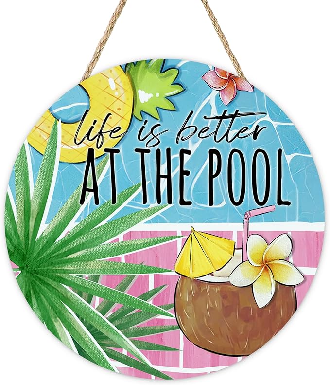 Summer Life is Better at The Pool Front Door Sign, Tropical Coconut Palm Leaves Wood Plaque Hanger Outdoor Outside Porch Home Decor, Swimming Ring Wooden Wreath Indoor Wall Hanging Decoration