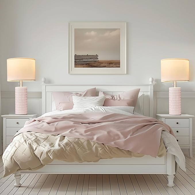 Reaketon Table Lamps for Living Room Set of 2, Ceramic Table Lamps for Bedroom, 20" Modern Lamps for Night Stands, Pink