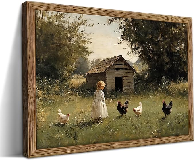 Vintage Country Framed Wall Art, Little Girl and Chick Canvas Prints, Rustic Landscape Picture Painting, Pastoral Farmhouse Wall Decor for Living Room Bedroom – Dark Wooden Frame 16x24in
