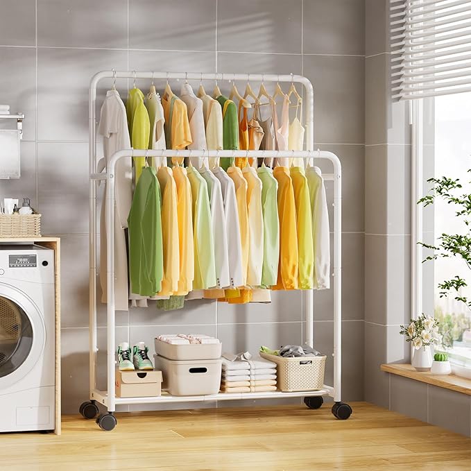Simple Trending Clothing Clothes Rack Double Rods with Wheels, Rolling Metal Garment Rack for Hanging, White